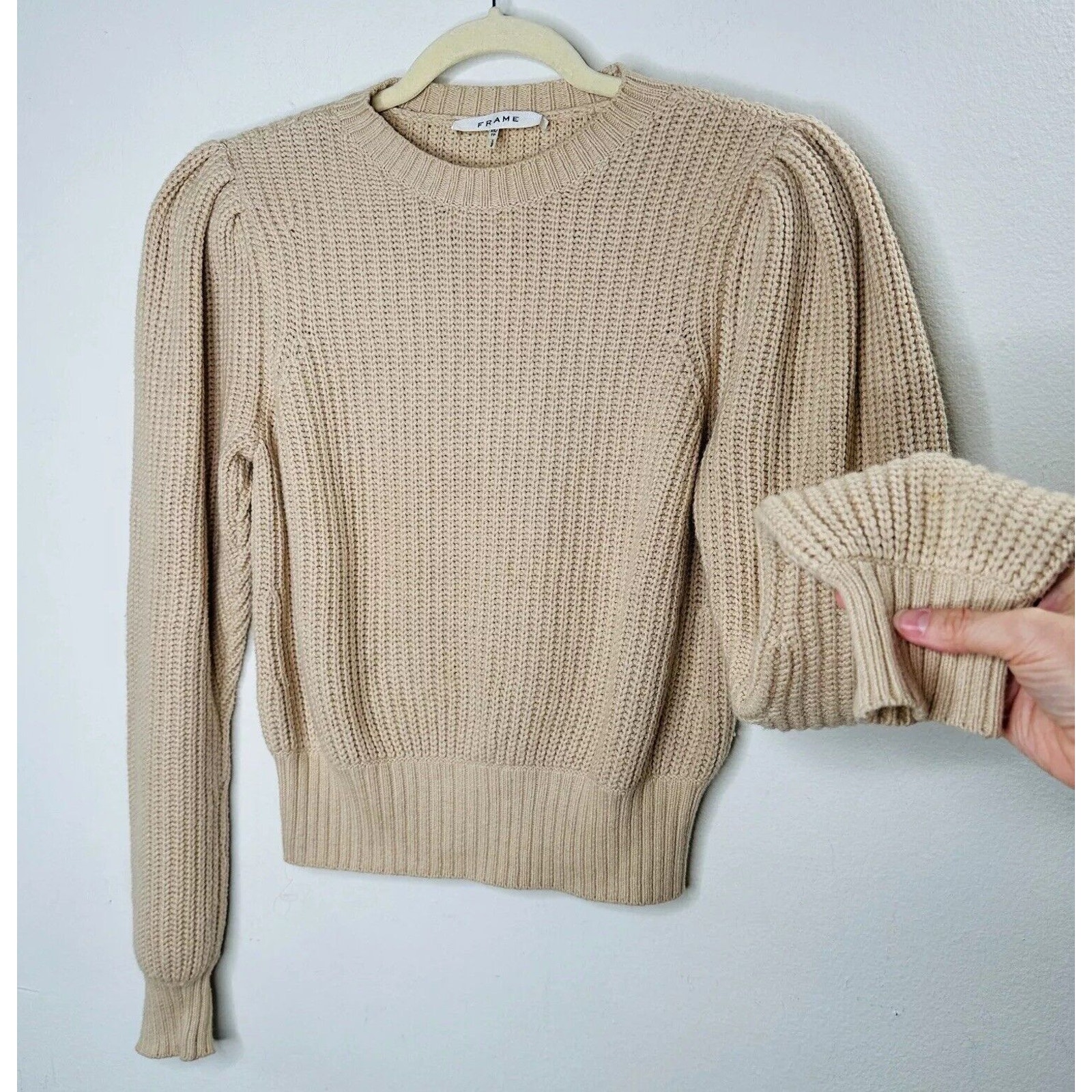 Frame Tan Ribbed Cable Knit Crew Neck Balloon Puff-Sleeve Banded Crop Sweater Xs